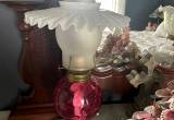 cranberry oil lamp w/ milk glass shade